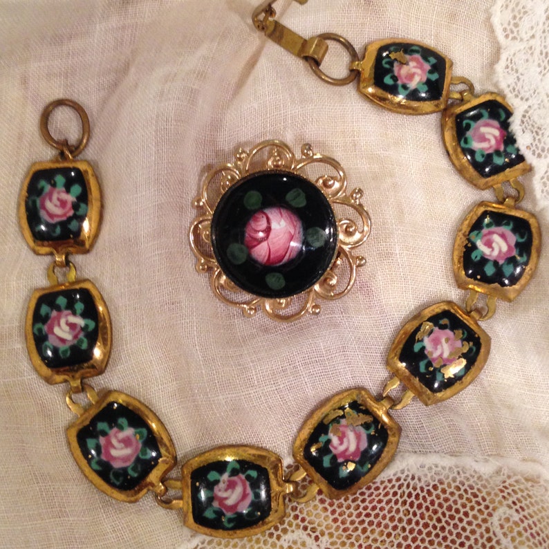 Victorian revival handpainted floral design bracelet and brooch. circa 1950's image 1