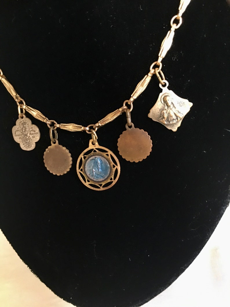 Vintage Choker with charm religious Medallions in 17 inch chain with 5 antique medals from the 1940\u2019s