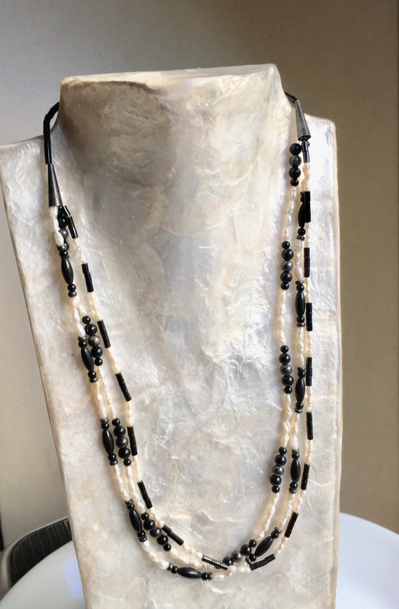 Vintage 3 strand rice pearls, onyx beads and sterl