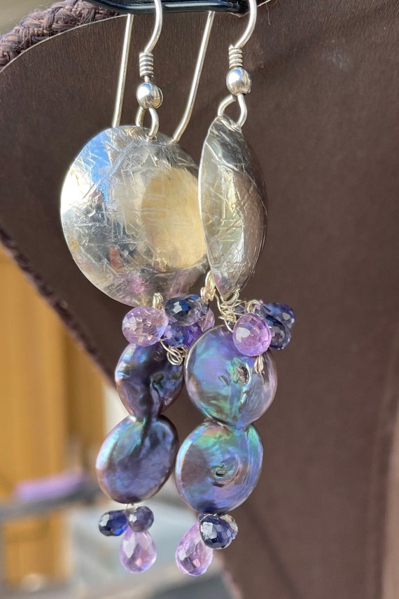 Vintage artisan Baroque colored pearl drop earrin… - image 1