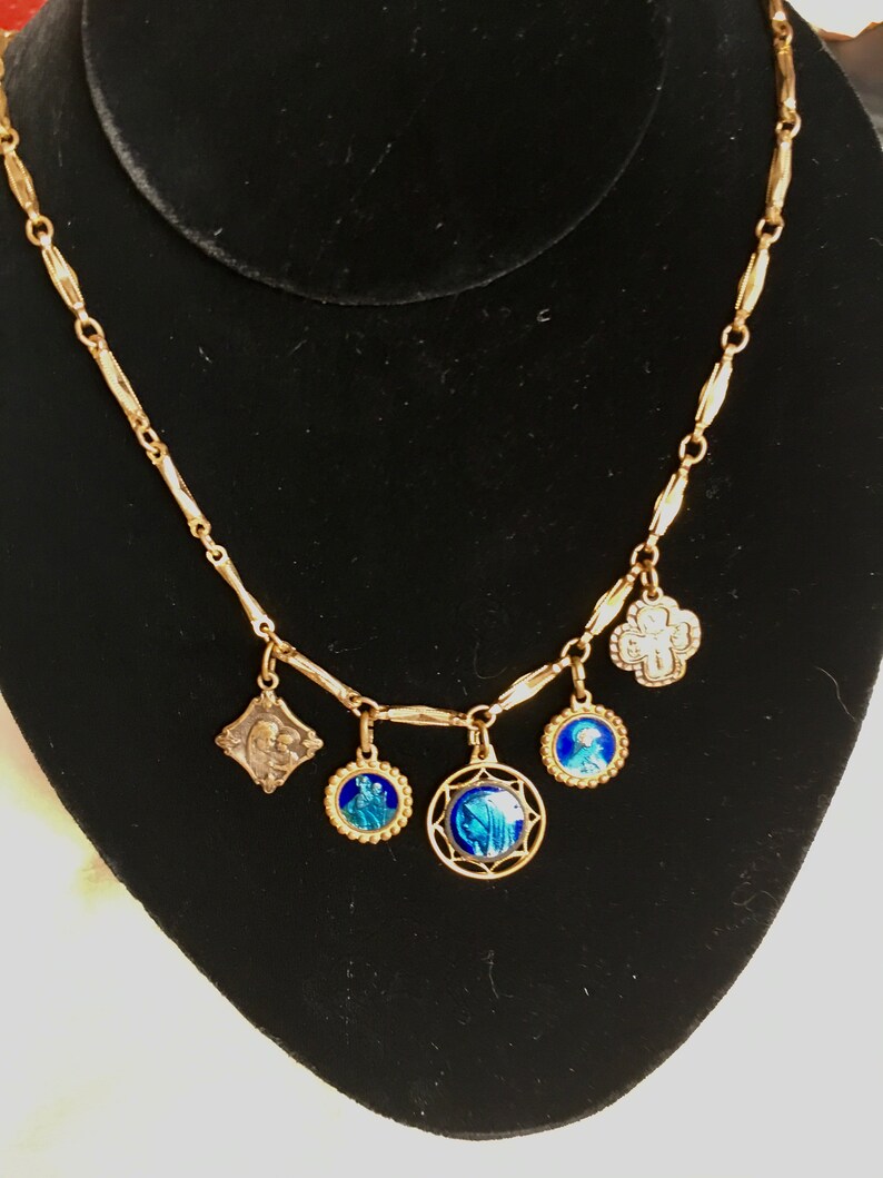 Vintage Choker with charm religious Medallions in 17 inch chain with 5 antique medals from the 1940\u2019s