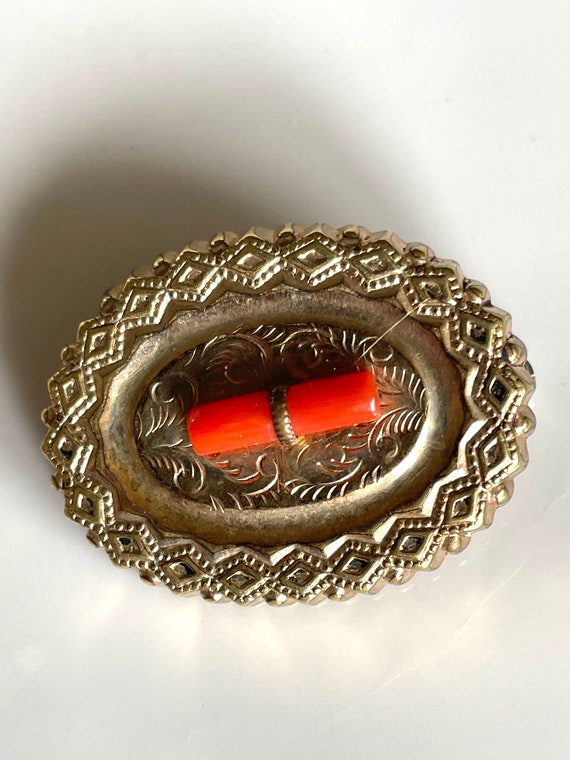 Antique Victorian mourning brooch with salmon cor… - image 1