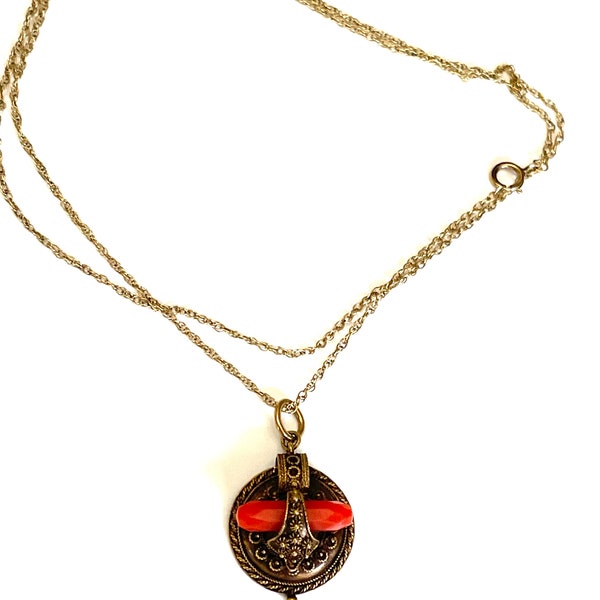 Victorian brass faceted salmon coral pendant in 18 inch gold filled fine necklace chain. Circa 1900’s