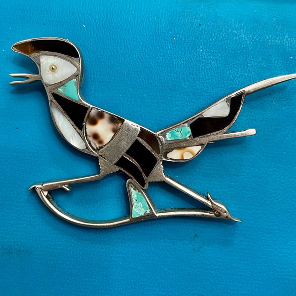 Vintage Zuni large roadrunner brooch pin in sterling and inlaid stones circa 1950’s