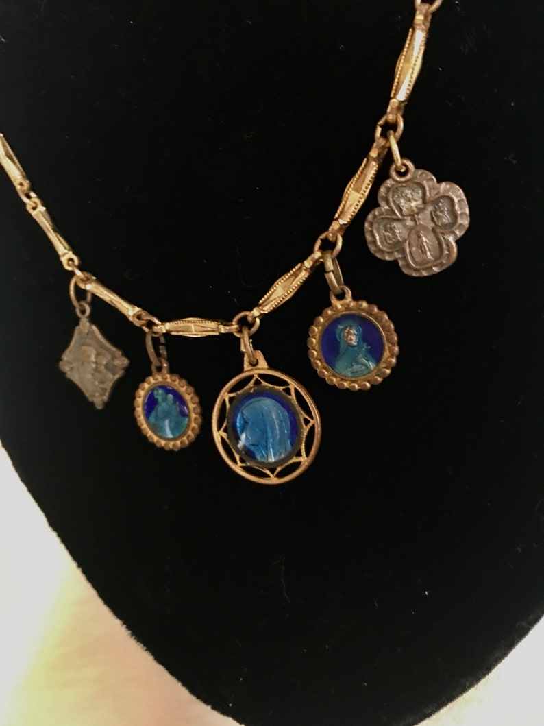 Vintage Choker with charm religious Medallions in 17 inch chain with 5 antique medals from the 1940\u2019s