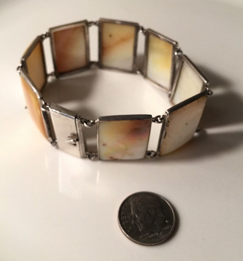 Vintage artisan mother of pearl square link bracelet in sterling with heart lock no hallmark circa 1950\u2019s