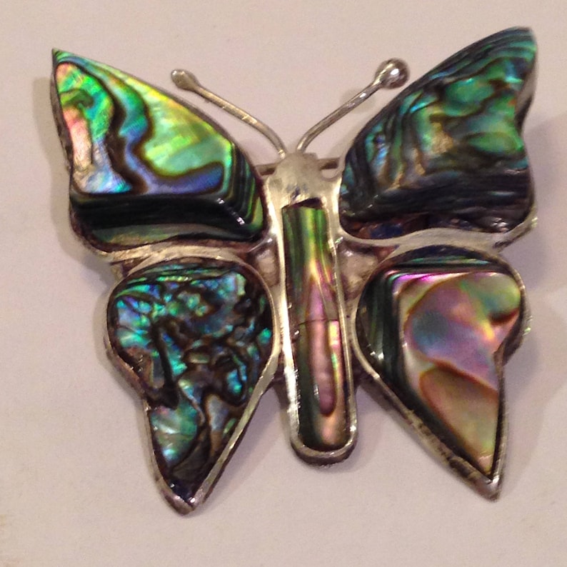 circa 1960 vintage sterling silver inlay abalone butterly brooch hallmarked hecho in mexico 925 EBS