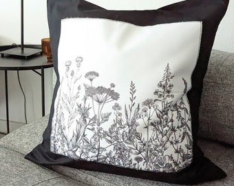 Black cushion cover, cushion cover with grasses, cushion cover black and white, 50 x 50 cm, cushion cover spring