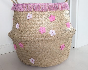 Large basket, seagrass basket, basket for storage, basket with flowers, pink red, living room basket, decorative basket, storage and order