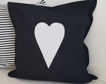 black cushion cover, white heart, black and white cushion cover, black and white cover, 40 x 40 cm