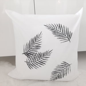 White cushion cover, Cushion cover 50 x 50 cm, Palm leaves, black and white cushion cover, cover with palm leaves,