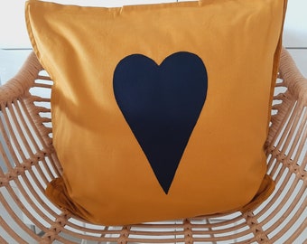 Yellow cushion cover, cushion cover with heart, cushion cover 45 x 45 cm, mustard yellow cover, mustard, curry colored cover