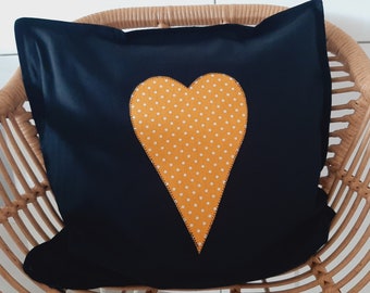 Black cushion cover, cushion cover with heart, cushion cover 50 x 50 cm, black and yellow cushion cover