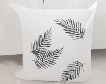 Weiße  Kissenhülle , Kissenhülle 50x50 cm, Palmblätter, schwarz weiße Kissenhülle, Bezug mit Palmblättern,