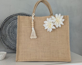 Tasche, Jutetasche, große Tasche, Juteshopper, Tasche mit Blumen, Urlaubstasche