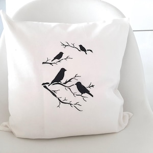 Funda de cojín blanca, 40 x 40 cm, funda blanca, pájaros negros, motivo de papel recortado, primavera