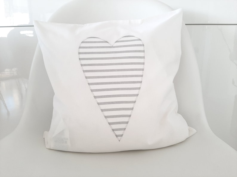 White cushion cover with heart, white cushion cover, 40 x 40 cm cushion cover, striped heart image 1