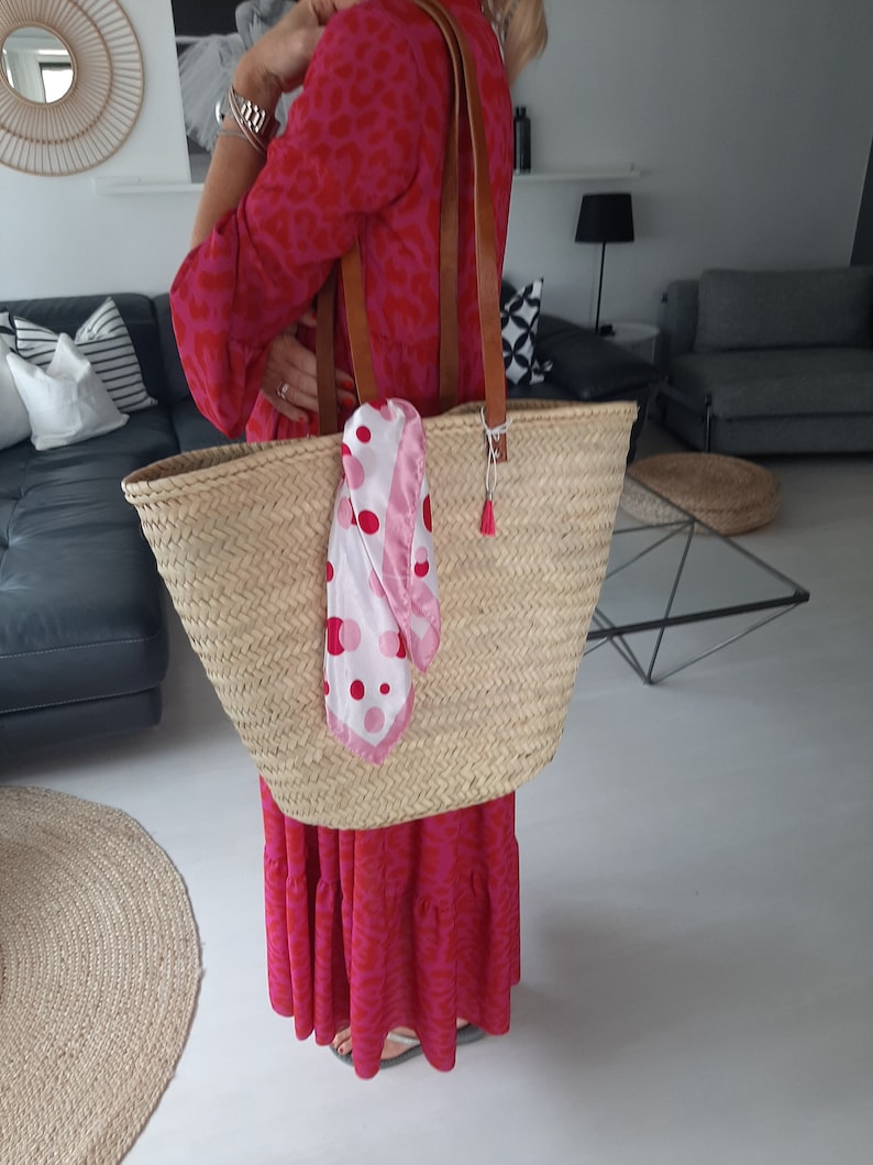 Ibizatasche , Korbtasche, Strandtasche , Markttasche, französischer Korb , Korb Palmblatt, Tasche mit Blumen pink Bild 6