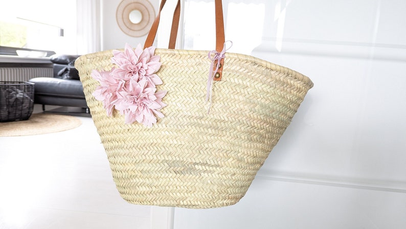 Ibizatasche , Korbtasche, Strandtasche , Markttasche, französischer Korb , Korb Palmblatt, Tasche mit Blumen pink Bild 1