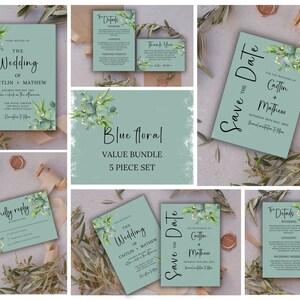 Le paquet de modèles d&#39;invitation de mariage floral bleu stationnaire de mariage comprend le téléchargement de la suite d&#39;invitation de mariage florale stationnaire de mariage rsvp