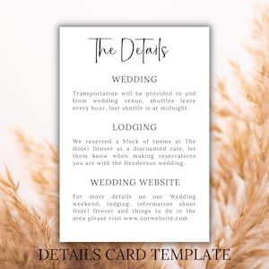 Tarjeta de detalles de la boda Tarjeta de instrucciones para invitados Tarjeta de detalles del hotel Instrucciones para el lugar de la boda Plantilla de tarjeta de detalles Tarjeta de detalles de diseño simple