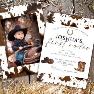 Cowboy birthday party invitation template first rodeo birthday invitation country western bday invite cowhide birthday invite first birthday