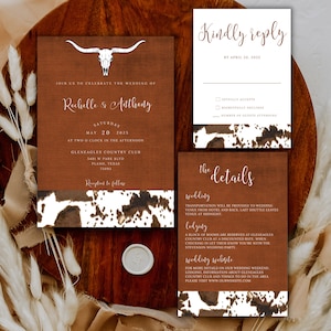 Western wedding invitation template rustic cowhide wedding stationary set cowboy wedding theme decor country western wedding invitation set