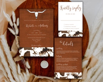 Western wedding invitation template rustic cowhide wedding stationary set cowboy wedding theme decor country western wedding invitation set