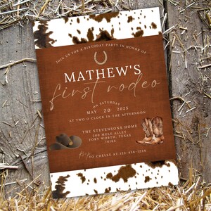 May include: A brown and white invitation with a cowhide pattern. The invitation is for Mathew's first rodeo, on Saturday, May 20, 2025, at 2:00 PM at The Stevensons Home, 200 Mule Alley, Fort Worth, Texas 76164. RSVP to Chelle at 123-456-1234.