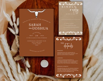 Western-Hochzeitseinladungs-Vorlage Wüstenhochzeitseinladungen rsvp Karte Cowboy-Hochzeit druckbare Einladung stationäre rustikale Einladungsbund