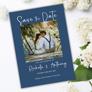 Blue save the date template instant download wedding save the date card text message blue and gold save the date photo wedding navy blue set