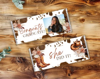 Envoltorios de barra de caramelos para fiesta del oeste, decoración de fiesta con estampado de piel de vaca, ideas para fiestas temáticas del oeste, fiesta de cumpleaños, decoración para fiesta de graduación