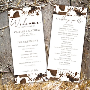 Mall för westernbröllopsprogram med kohudbröllopsdekoration lantliga westernbröllopskort cowboybröllopsprogram rustikt bröllopsprogramkort