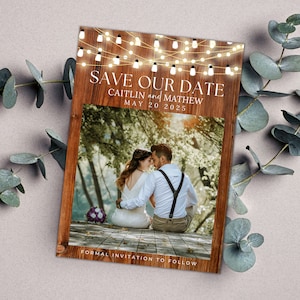 Western Save the Date Ansage Vorlage Barnwood and Lights Hochzeit Briefpapier bearbeitbar Save the Date Karte diy Hochzeitsankündigungskarte