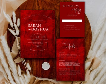 Red wedding invitation template includes rsvp card red wedding details card wedding stationary red velvet editable wedding invitation set