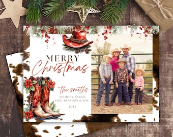 Western-Weihnachtsfotokarte Rustikale Cowboy-Feiertags-Grußkarte Personalisierte Familien-Weihnachtskarte mit ländlichem Charme-anpassbares Design