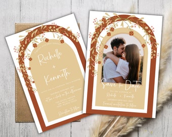 May include: Save the date card with a floral arch design in shades of orange and brown. The card features a photo of a couple embracing under the arch. The text reads "Save the Date for the wedding of Rochelle & Kenneth Saturday 26th May, 2023 Formal invitation to follow."