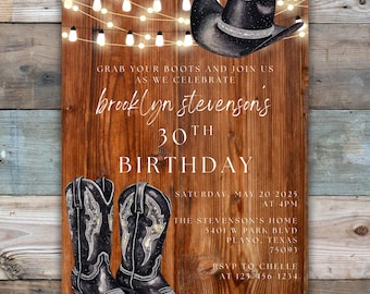 Plantilla de invitación para fiesta de cumpleaños del oeste, fiesta de cumpleaños vaquera, invitación para fiesta de cumpleaños número 30, invitación de cumpleaños con botas negras, fiesta temática vaquera