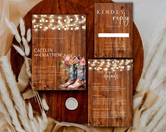 Western wedding invitation template cowboy boot wedding invitation set barn wood wedding invitation stationary rustic wedding invite bundle