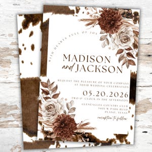 Western wedding invitation set cowhide print rustic wedding invitation set cowboy wedding brown floral invites instant download templates