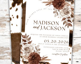 Conjunto de invitaciones de boda estilo western con estampado de piel de vaca, conjunto de invitaciones de boda rústicas, invitaciones de boda vaqueras con flores marrones, plantillas de descarga instantánea