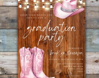 Plantilla de invitación para fiesta de graduación estilo western, invitación para fiesta de graduación estilo vaquera, invitación editable para fiesta de graduación, invitaciones de graduación