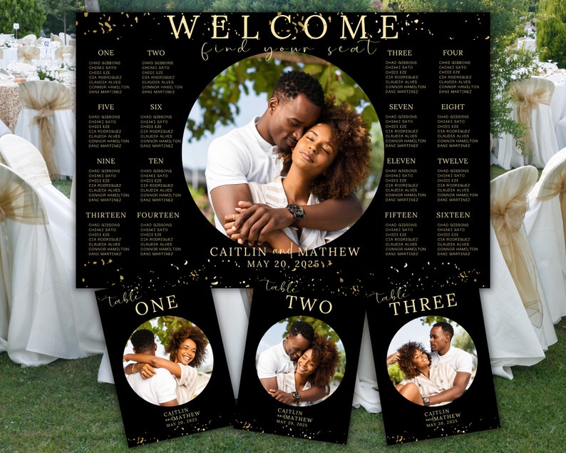 Black Wedding Reception Seat Assignment Sign Template Black and Gold ...