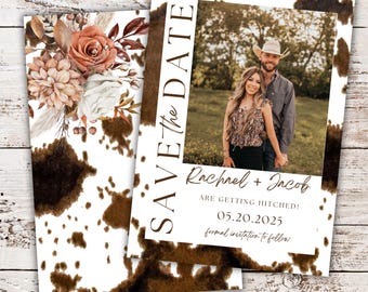 Modèle de réservation de date de mariage occidental pour mariage en cuir de vachette, mariage de cow-boy à l'arrêt, modèle de faire-part de date pour mariage rustique automnal