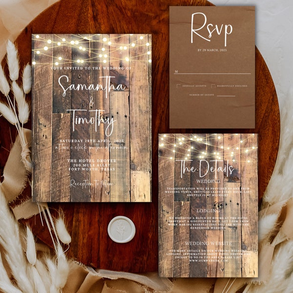 Country Western wedding invitation bundle template includes rsvp wedding invitation stationary county western set barnwood wedding invites