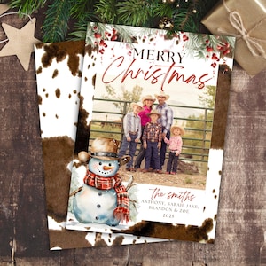 Country kerstkaart sneeuwpop kerstfotokaart country western kerstkaarten cowboy kerstfotokaart vakantie koeienhuid kaart