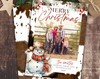 Country Weihnachtskarte Fotokarte Schneemann Weihnachtsland Western Weihnachtskarten Cowboy Weihnachtsfotokarte Urlaub Kuhfell Karte