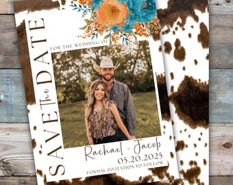 Modèle de réservation de date de mariage occidental pour mariage en cuir de vachette Papeterie de mariage de cow-boy, réservez cette date, faire-part de mariage rustique automnal