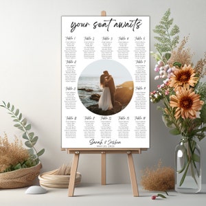 Modern wedding seating assignment sign template photo table number signs minimalist seat chart sign editable photo seating chart sign