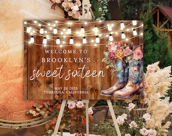 Letrero de bienvenida para dulces dieciséis, letrero de bienvenida para fiesta de cumpleaños número 16, letrero de bienvenida estilo western, letrero de fiesta de cumpleaños estilo granero para dulces dieciséis de vaquera
